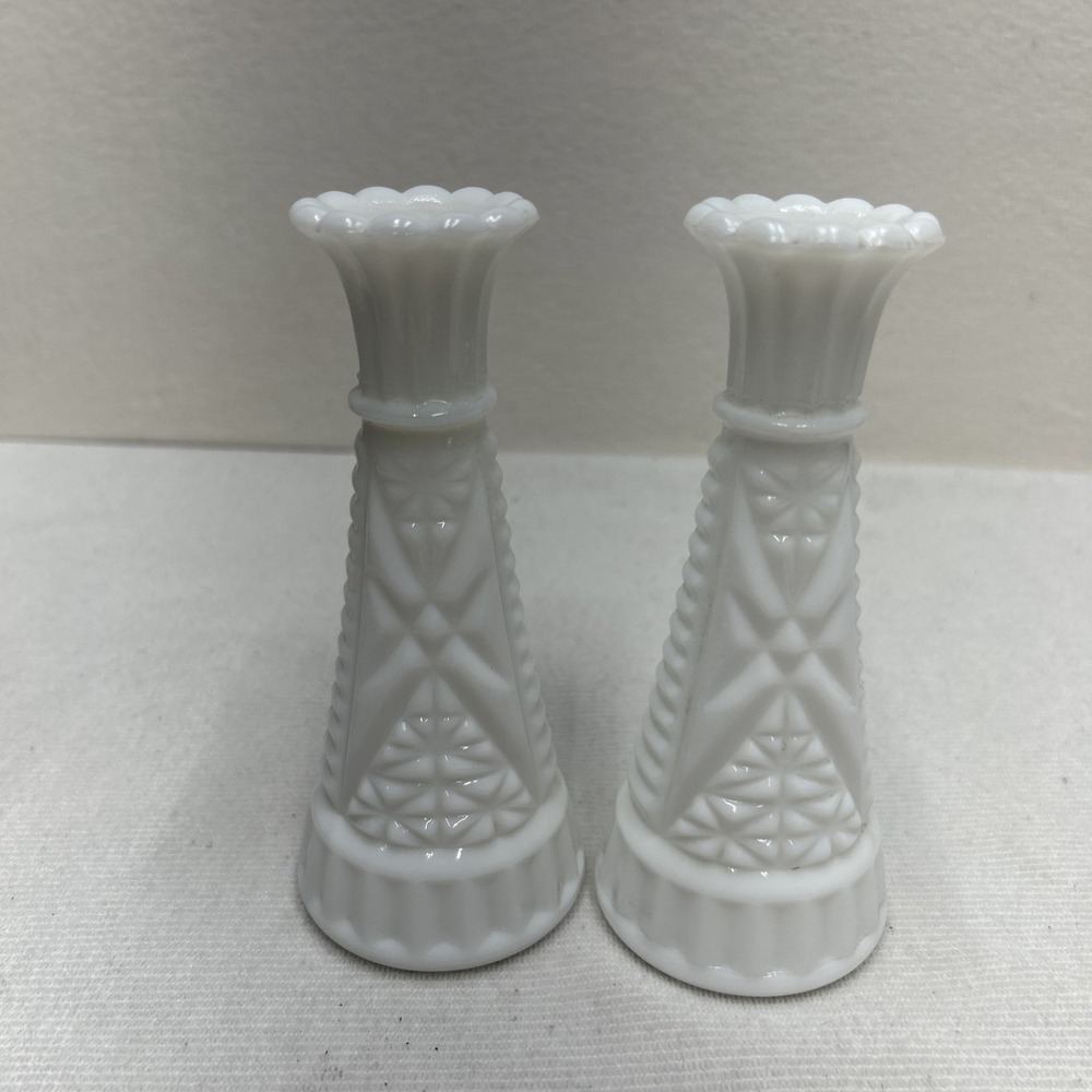 2 Vintage White Milk Glass Stars and Bars Flower Bud Vase 6" Tall